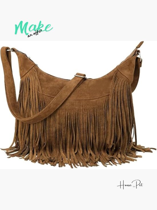 Handbags - Vintage Vegan Suede Fringe Hobo Bag Crossbody Adjustable Strap Tassel Purse